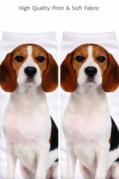 A pair of white ankle socks printed with a high-quality graphic of a beagle dog's face and upper body, shown side by side on a white background with the text 'High Quality Print & Soft Fabric' at the top.