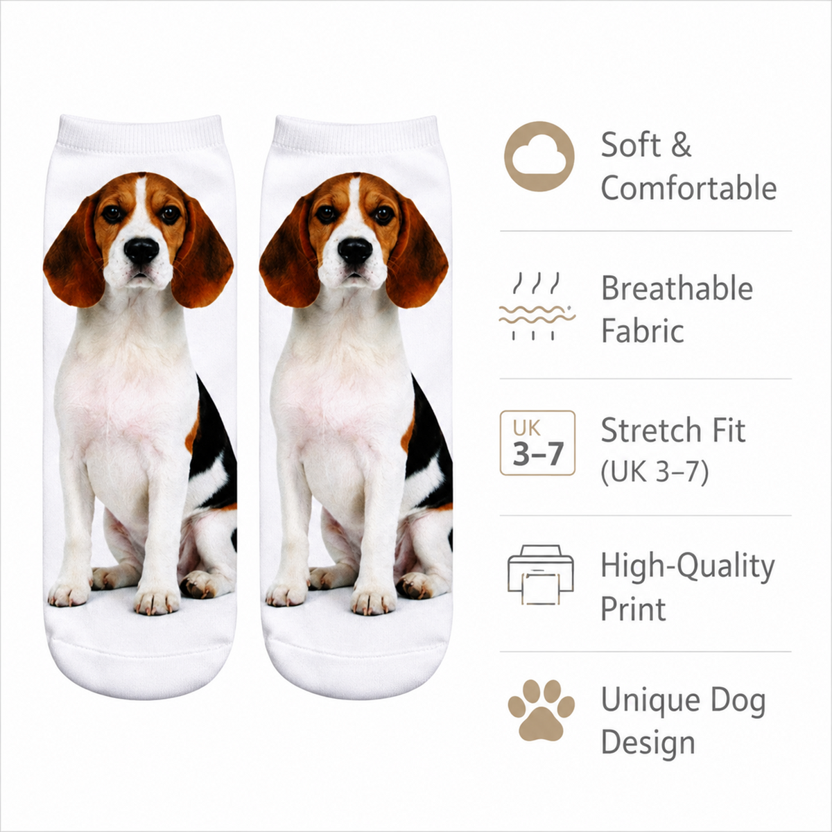 A pair of white low-cut socks featuring a printed image of a beagle dog, shown next to a feature list with icons and text reading 'Soft & Comfortable', 'Breathable Fabric', 'Stretch Fit (UK 3-7)', 'High-Quality Print', and 'Unique Dog Design'.