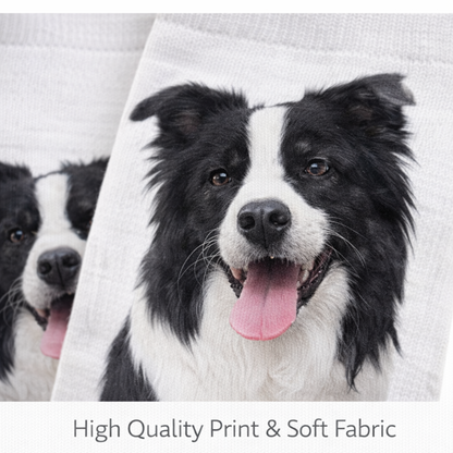 A close-up of a white knit sock printed with a black-and-white Border Collie dog face, with a second partial view on the left and the text 'High Quality Print & Soft Fabric' below.