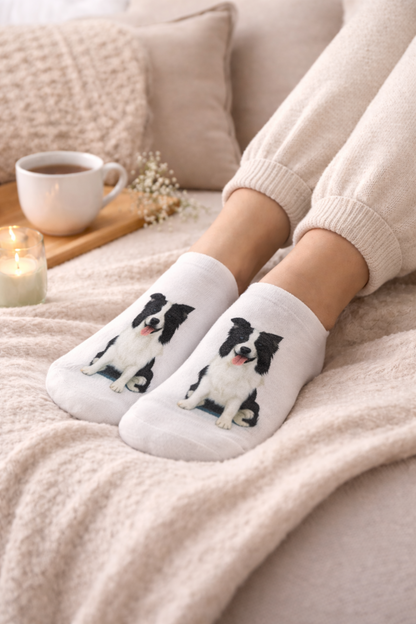 A person wearing white ankle socks with a printed black-and-white Border Collie dog design, sitting on a beige blanket with a cup of tea, candle, and pillows in the background.