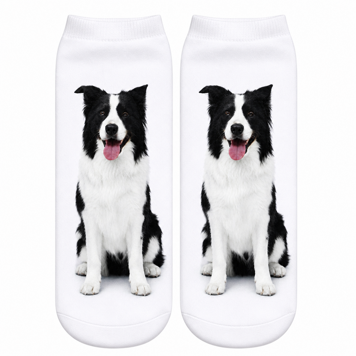White socks with a black and white dog Border Collie dog print on a white background