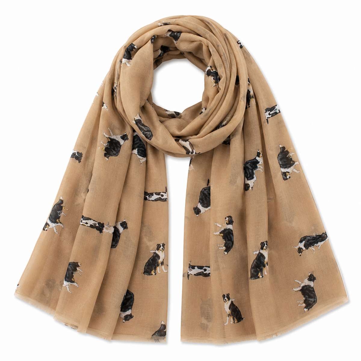 A light brown scarf with an allover print of tri-coloured Border Collie dog illustrations, draped in a loose loop against a plain white background.