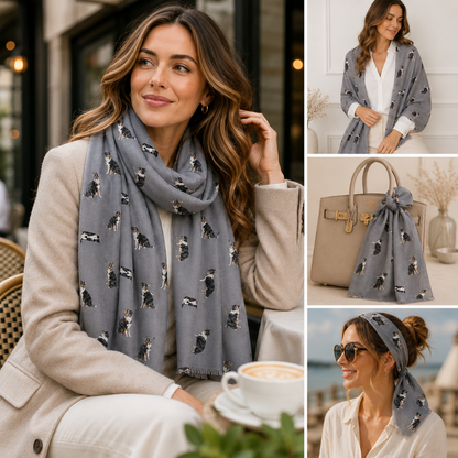 A woman wearing a grey scarf with a tri-coloured Border Collie dog print pattern, shown in a lifestyle collage with three smaller inset photos demonstrating the scarf in different settings and styled with other fashion items.