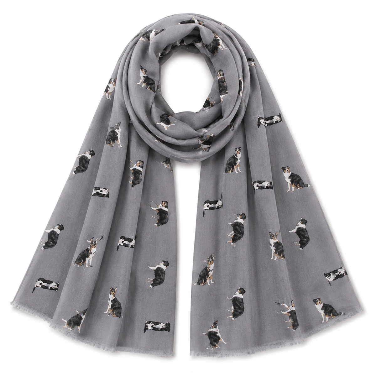 Grey scarf with Border Collie Sheep dog pattern on a white background