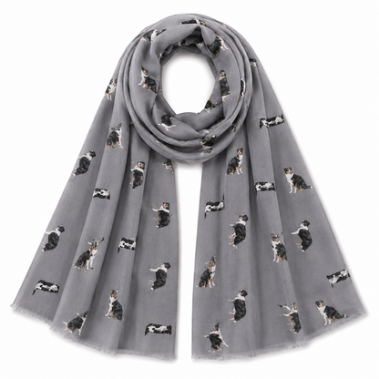 Grey scarf with Border Collie Sheep dog pattern on a white background