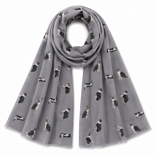 Grey scarf with Border Collie Sheep dog pattern on a white background