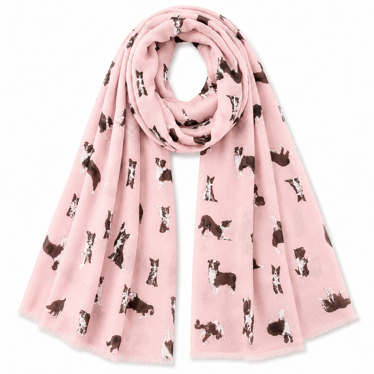 A light pink scarf with a repeating pattern of black and white Border Collie dog silhouettes, draped in a loop to show its soft texture and fringed edges.