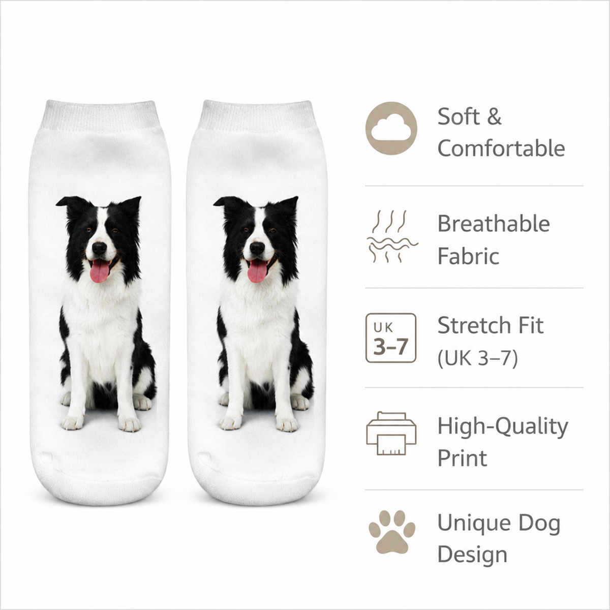 A pair of white low-cut socks featuring a printed black and white Border Collie dog design, shown next to a feature list with icons and text highlighting comfort, breathability, stretch fit, high-quality print, and unique dog design.