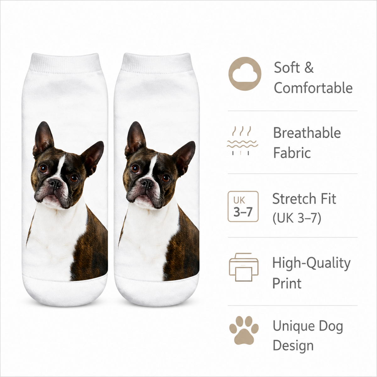Two white ankle socks with printed Boston Terrier dog faces, shown next to a feature list on a light gray background. The text highlights soft comfort, breathable fabric, stretch fit, high-quality print, and a unique dog design.
