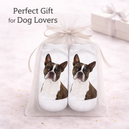 A pair of white socks with printed Boston Terrier dog portraits, presented in a white tulle gift bag tied with a ribbon. The text 'Perfect Gift for Dog Lovers' appears at the top, with a blurred gift box in the background.