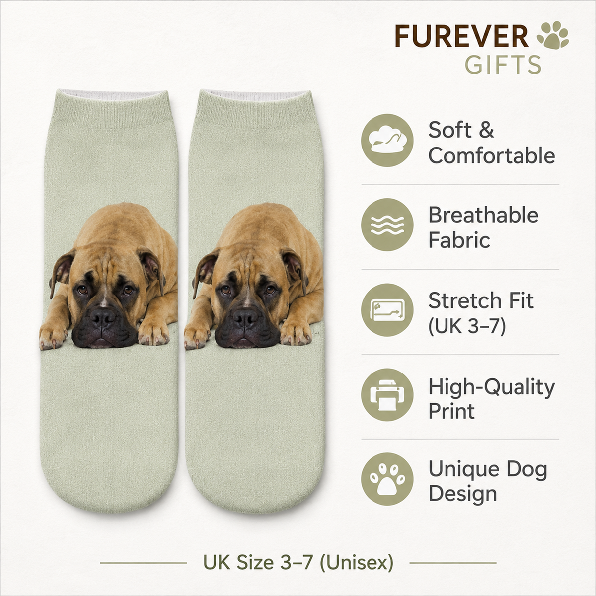 A pair of trainer socks with a printed image of a Boxer dog on a pale sage green background, shown next to a feature list on a light beige background. The text lists features like 'Soft & Comfortable', 'Breathable Fabric', 'Stretch Fit (UK 3-7)', 'High-Quality Print', and 'Unique Dog Design'.