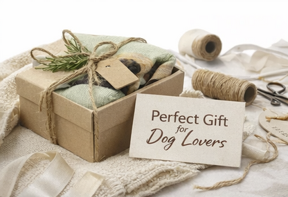 A styled gift box wrapped in kraft paper and twine, filled with a folded pale green Boxer dog sock and a small wooden tag, with a card reading 'Perfect Gift for Dog Lovers' on a cream textile background with ribbon, thread, scissors, and a spool.