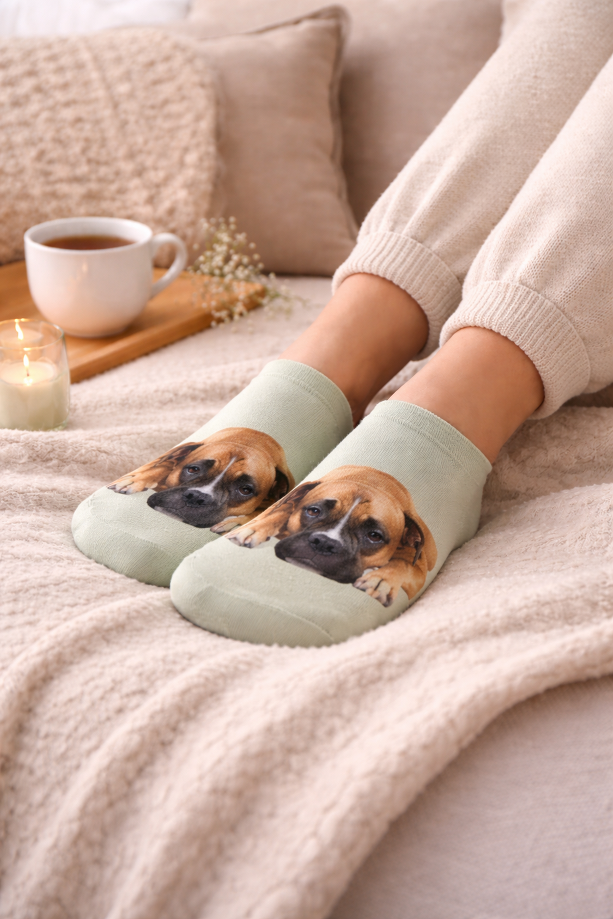 A person wearing light sage green trainer socks with a printed boxer dog face, sitting on a cosy beige blanket with a cup of tea and pillows in the background.