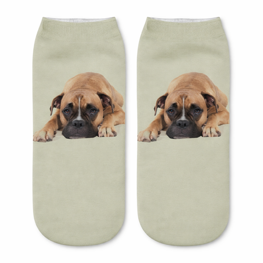 Pair of socks with a dog print on a sage green background