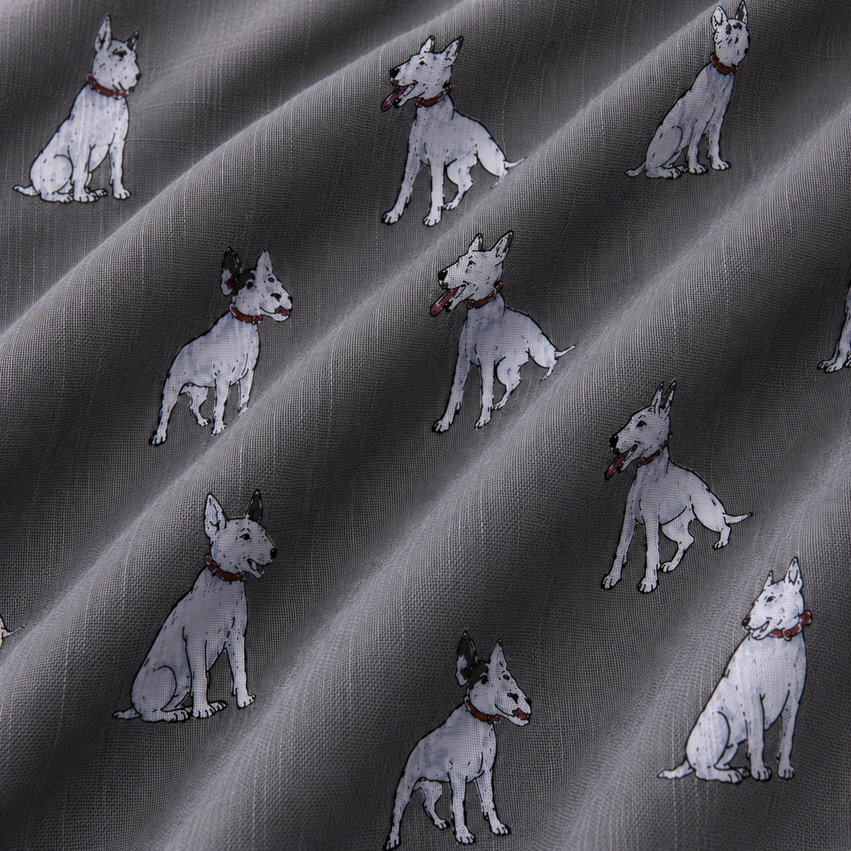 Gray scarf with a repeating pattern of English Bull Terrier dogs wearing red collars, shown in a close-up with diagonal folds.