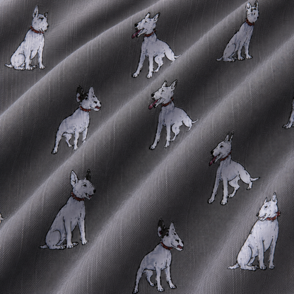 Gray scarf with a repeating pattern of English Bull Terrier dogs wearing red collars, shown in a close-up with diagonal folds.