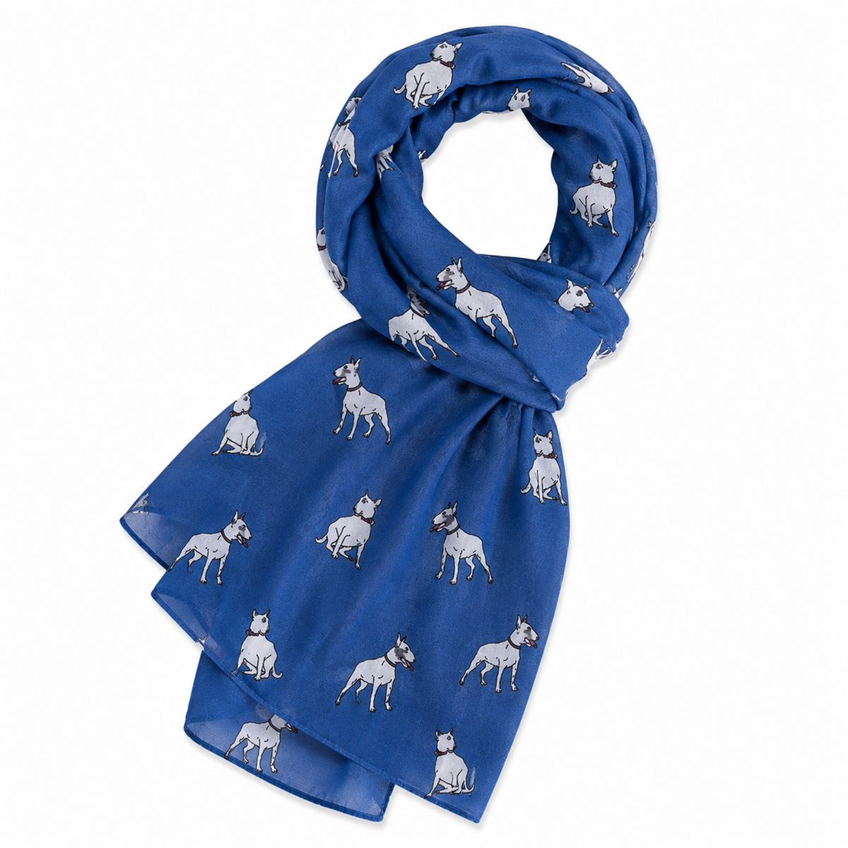 A royal blue scarf featuring a repeating pattern of small English Bull Terrier dogs with black outlines, arranged in a loop on a plain white background.