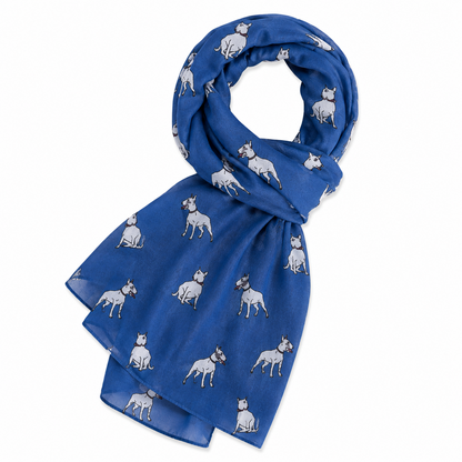 A royal blue scarf featuring a repeating pattern of small English Bull Terrier dogs with black outlines, arranged in a loop on a plain white background.