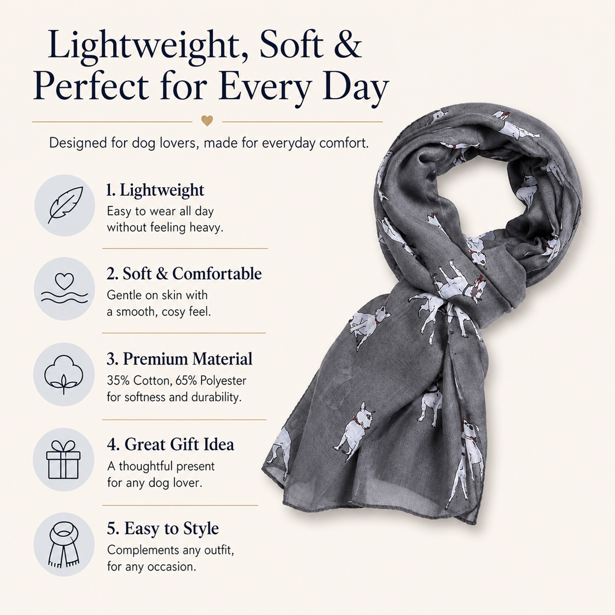 A lightweight dog scarf with a white English Bull Terrier dog print on a dark grey background, styled on a beige background with promotional text and icons highlighting its comfort, weight, and suitability as a gift.