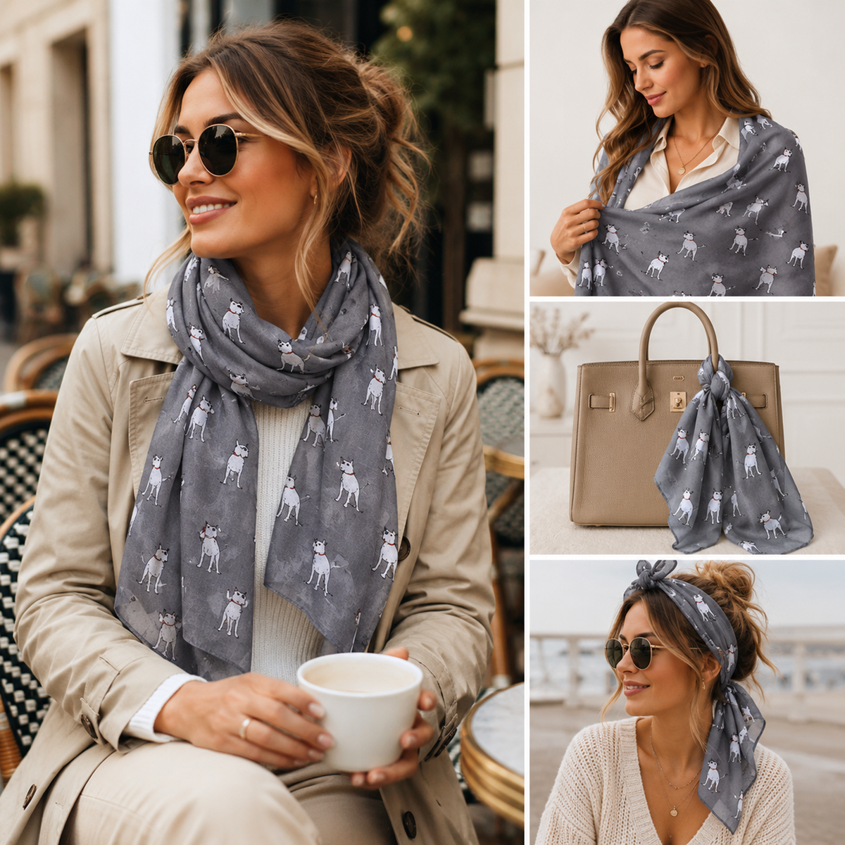 A woman modelling a grey scarf printed with an English Bull Terrier dog illustrations in a lifestyle collage. The collage shows her outdoors wearing the scarf draped around her neck, holding a cup, and styled with a beige handbag in one inset. 