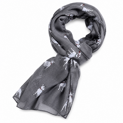 Grey scarf with an English Bull Terrier dog pattern on a white background