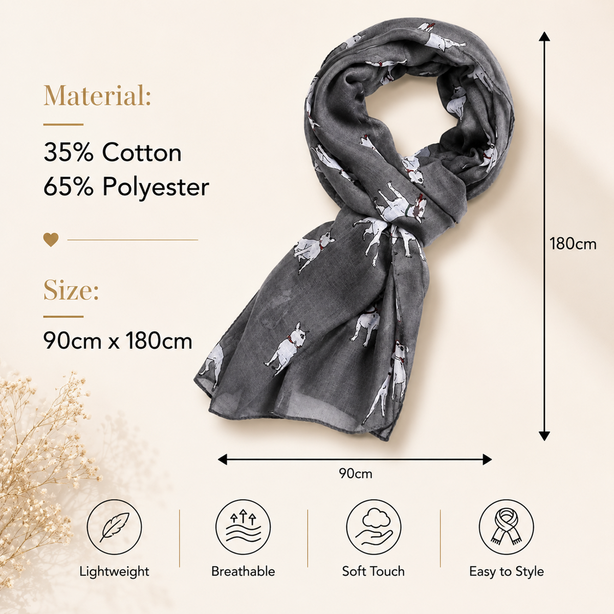 A dark grey scarf with an English Bull Terrier dog print is shown on a beige background with text detailing its material (35% Cotton, 65% Polyester), size (90cm x 180cm), and features like lightweight, breathable, soft touch, and easy to style.