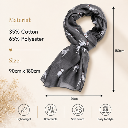 A dark grey scarf with an English Bull Terrier dog print is shown on a beige background with text detailing its material (35% Cotton, 65% Polyester), size (90cm x 180cm), and features like lightweight, breathable, soft touch, and easy to style.