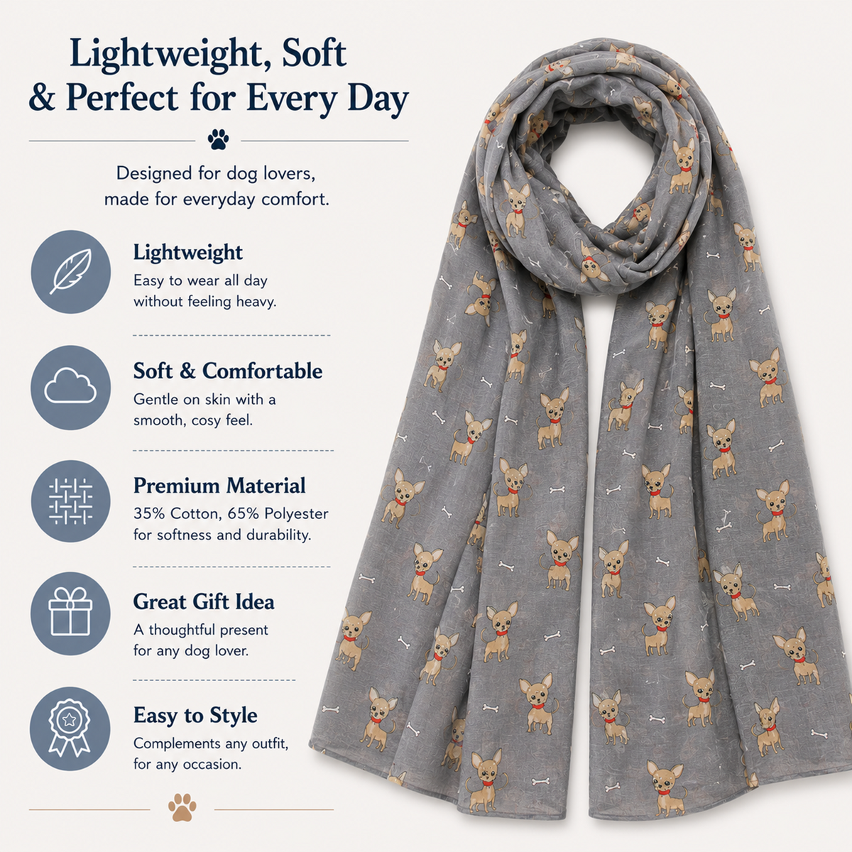 A grey scarf with a repeating pattern of small Chihuahua dogs and white bones, displayed on a light grey background with promotional text and icons about comfort, material, and gift value.
