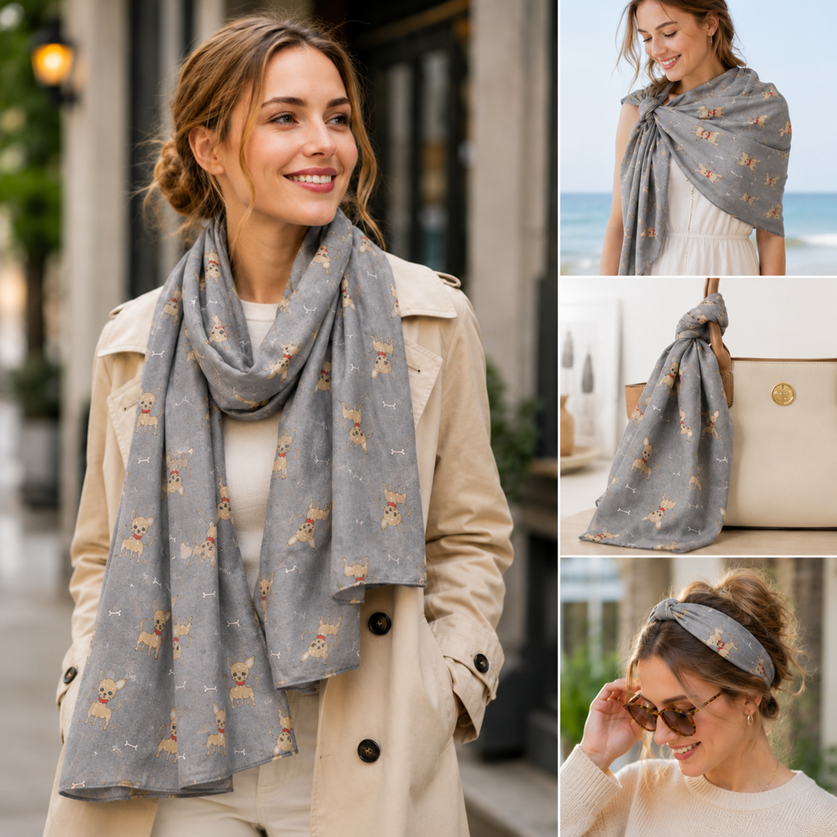 A woman wearing a grey scarf with a small Chihuahua dog print, shown in a lifestyle collage with three inset photos. The scarf is patterned with small tan and brown dogs on a medium grey background.