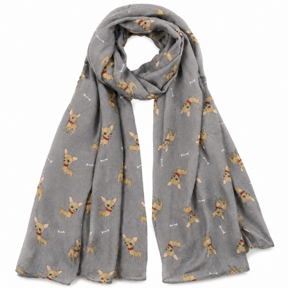 Grey scarf with Chihuahua dog pattern on a white background