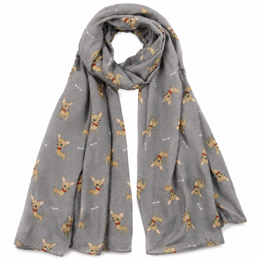 Grey scarf with Chihuahua dog pattern on a white background