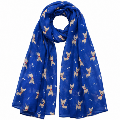 A royal blue scarf featuring a repeating pattern of small beige Chihuahua dogs wearing red collars and white bone motifs, displayed on a clean white background.