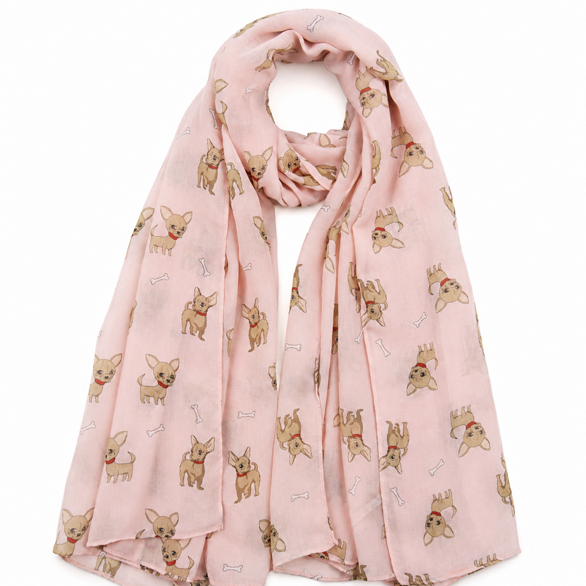 A light pink scarf featuring an all-over print of small tan Chihuahua dogs wearing red collars and white bone motifs, shown draped against a plain white background.
