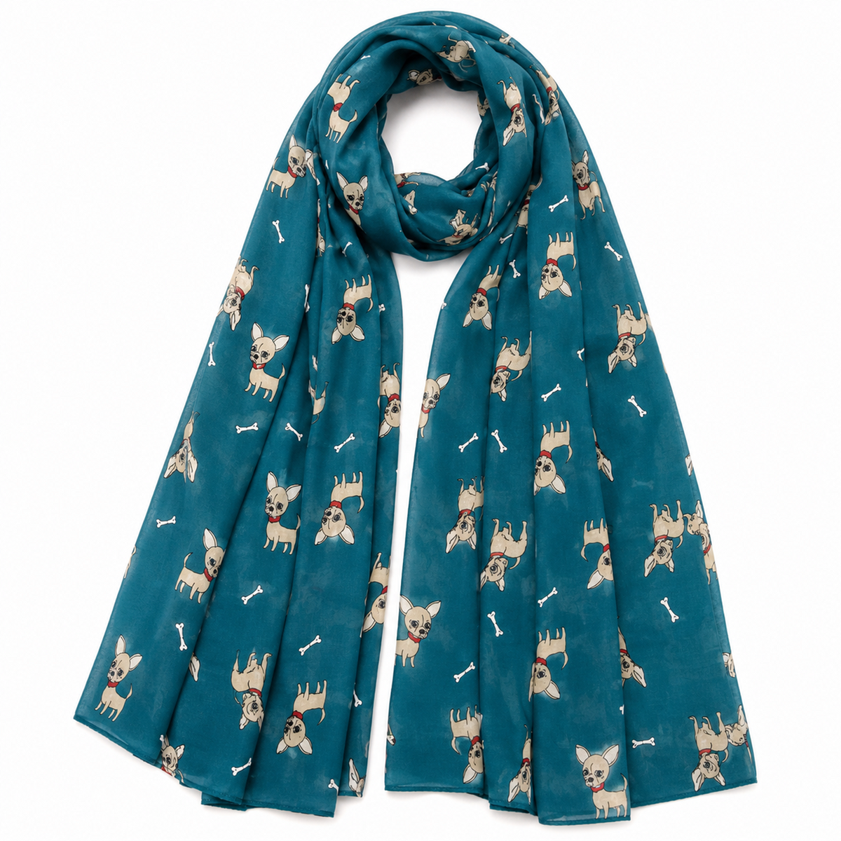 A teal blue scarf featuring an all-over print of small Chihuahua dogs and white bones, displayed against a solid white background.