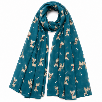 A teal blue scarf featuring an all-over print of small Chihuahua dogs and white bones, displayed against a solid white background.