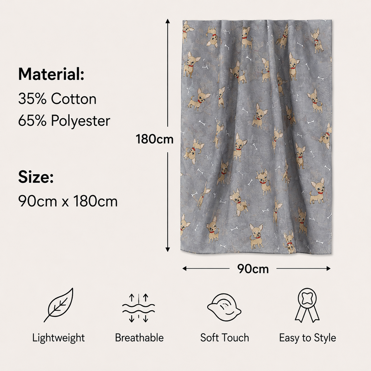 A grey scarf with a repeating pattern of small Chihuahua dogs wearing red bowties, shown with printed size and material information on a light beige background. The panel is labelled 180 cm tall by 90 cm wide, with text stating 35% cotton and 65% polyester, plus icons for lightweight, breathable, soft touch, and easy to style.