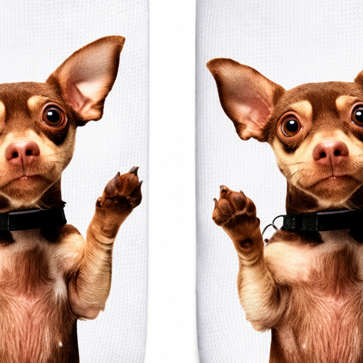 A pair of white knit socks featuring a printed design of a brown Chihuahua dog wearing a black collar, shown in a mirrored side-by-side layout.