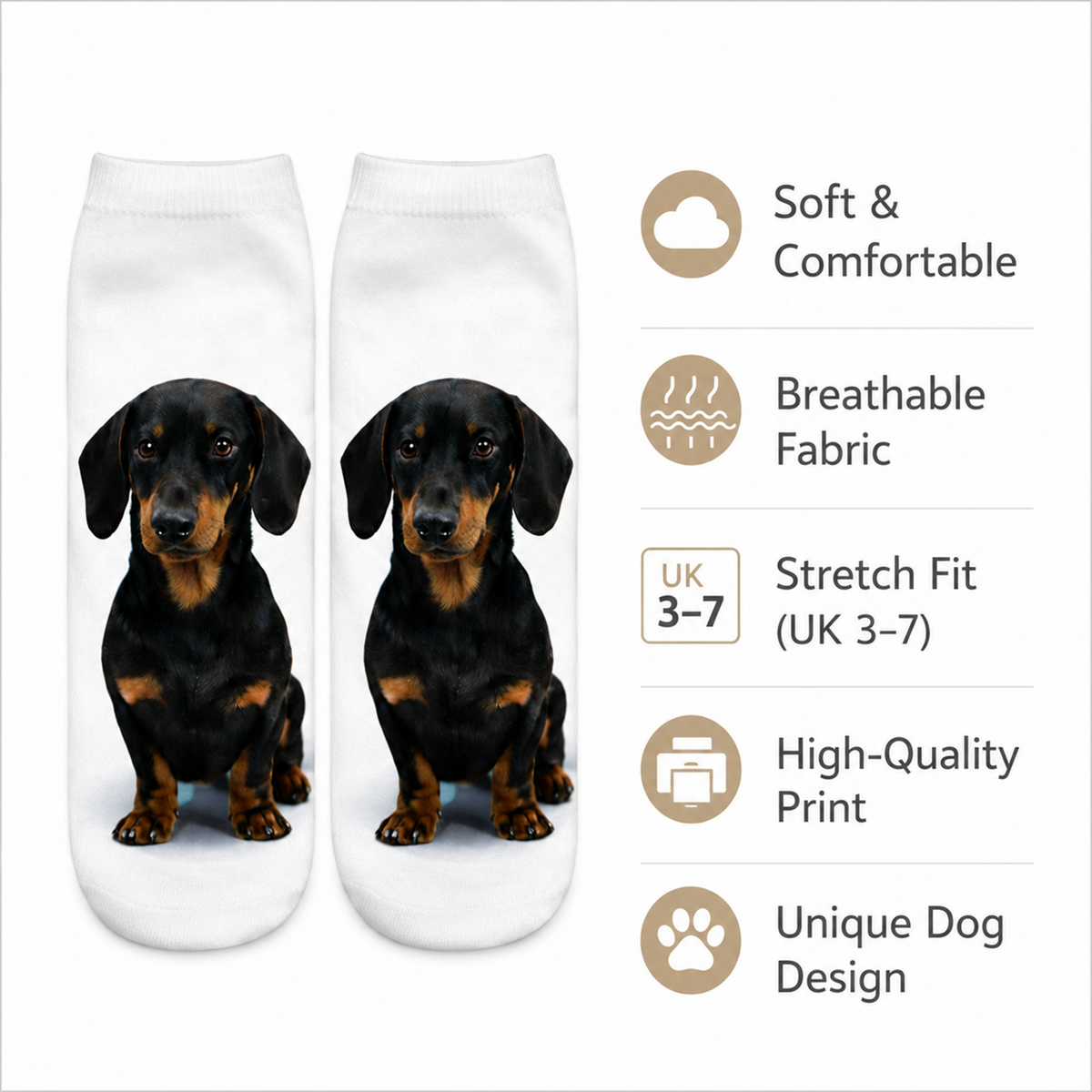 A pair of white trainer socks featuring a printed black and tan dachshund dog design, shown next to a vertical list of product features on a white background.