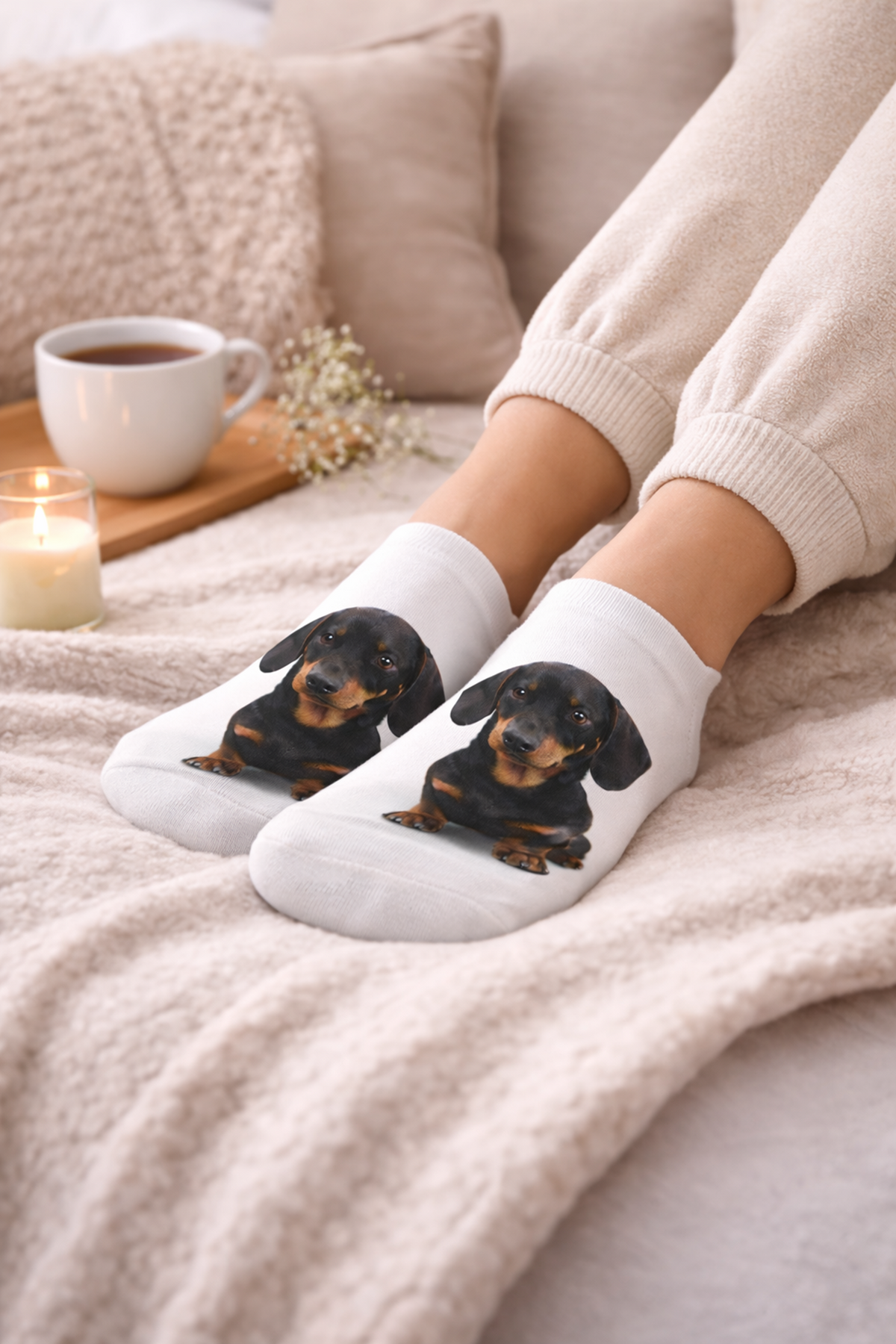 White ankle socks with printed dachshund dog faces, worn by a person sitting on a cosy beige blanket with a mug, candle, and pillows in the background.