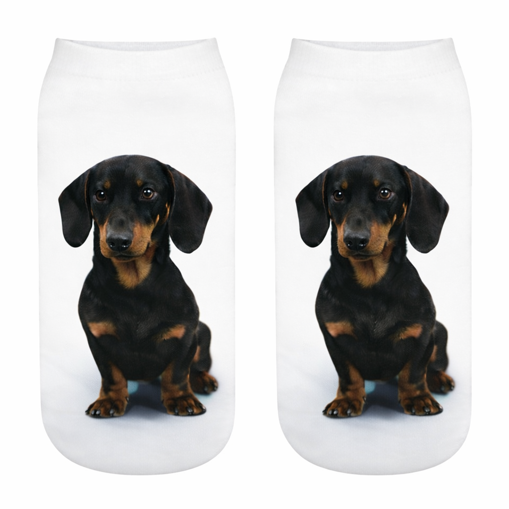 A pair of white low-cut socks featuring a printed graphic of a black and tan dachshund sitting down, shown against a plain white background.