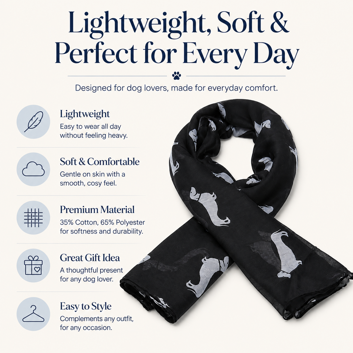 A black lightweight scarf with a white Dachshund dog pattern, styled in a loop to show its drape. The image is set against a cream background with promotional text and icons highlighting its features: lightweight, soft and comfortable, premium material, great gift idea, and easy to style.