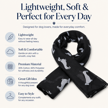 A black lightweight scarf with a white Dachshund dog pattern, styled in a loop to show its drape. The image is set against a cream background with promotional text and icons highlighting its features: lightweight, soft and comfortable, premium material, great gift idea, and easy to style.