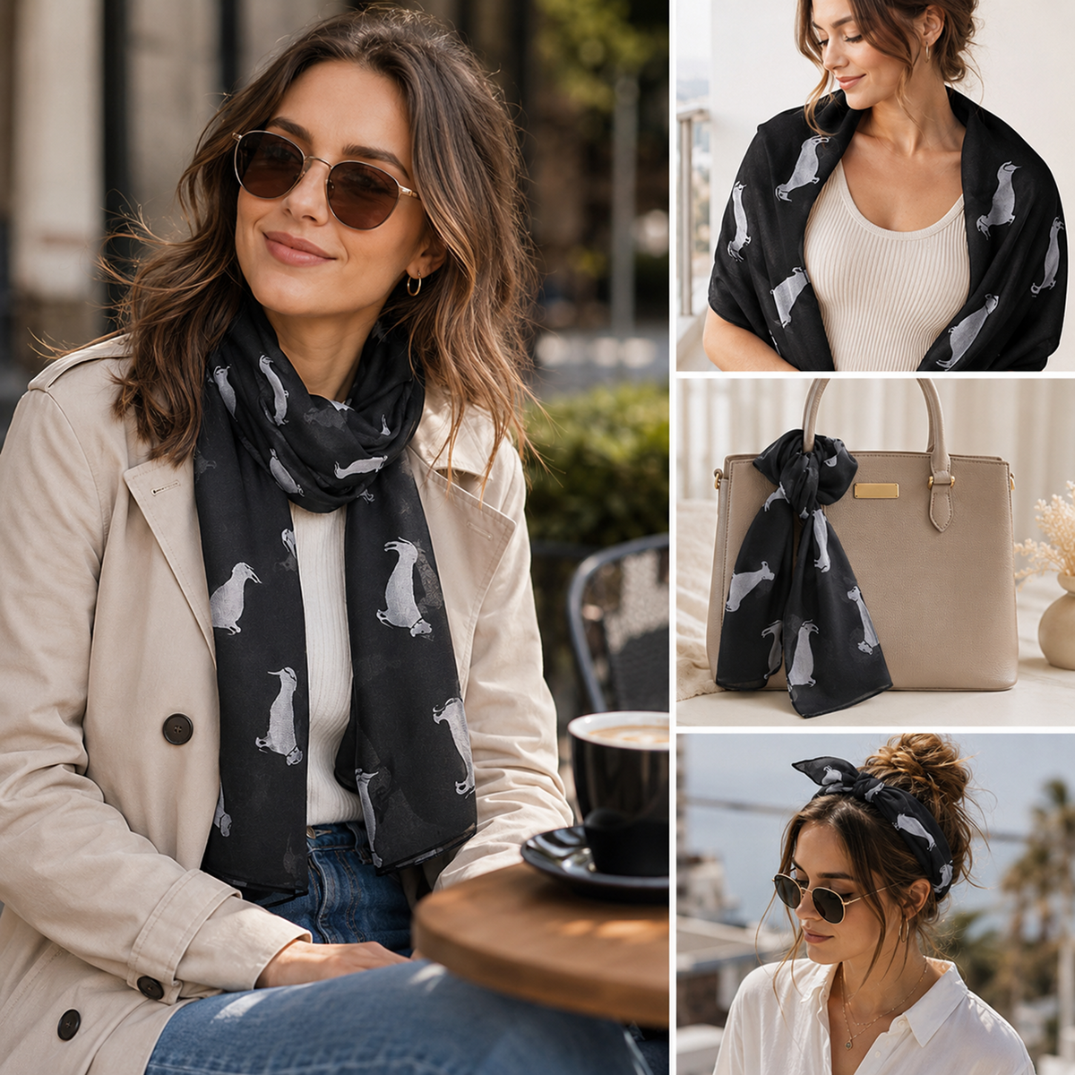 A black scarf with a white Dachshund dog print is shown in a lifestyle collage, styled on a woman in a trench coat, draped over her shoulder, tied to a beige handbag, and worn as a hair tie. The collage includes four panels showing different styling options.