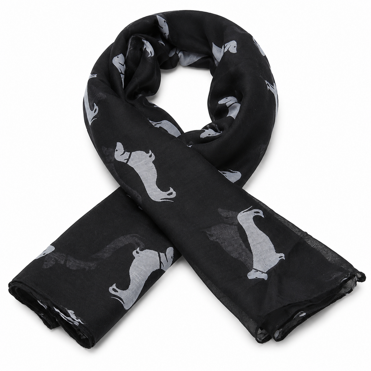 Black scarf with white Dachshund Sausage dog pattern on a white background