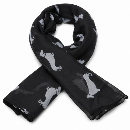 Black scarf with white Dachshund Sausage dog pattern on a white background