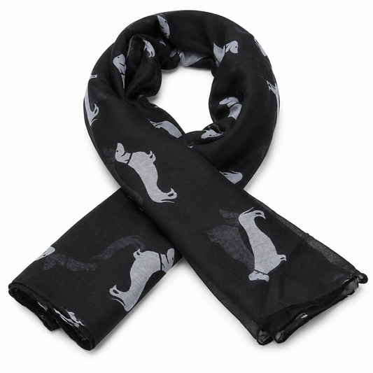 Black scarf with white Dachshund Sausage dog pattern on a white background