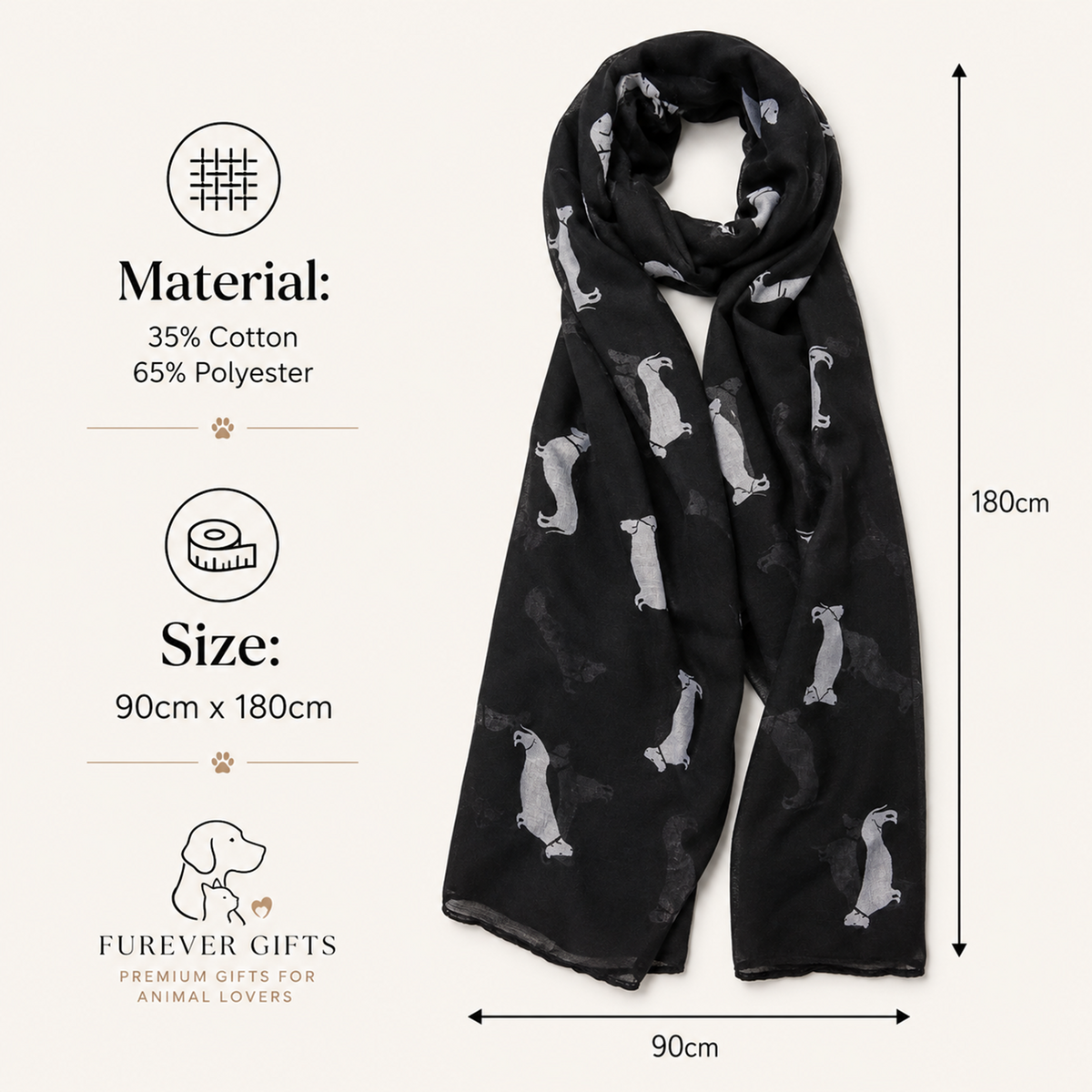A black scarf with a repeating pattern of white dachshund dogs, shown on a light beige background with informational text and dimension markers indicating 90cm width and 180cm length.
