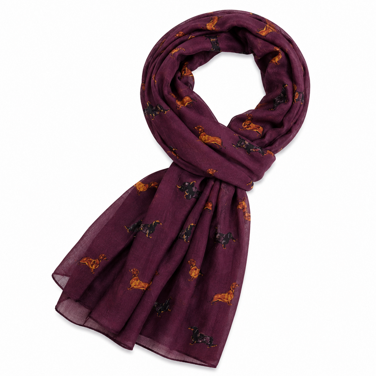 A burgundy scarf with a repeating pattern of small black and tan dachshund dogs, shown on a plain white background.