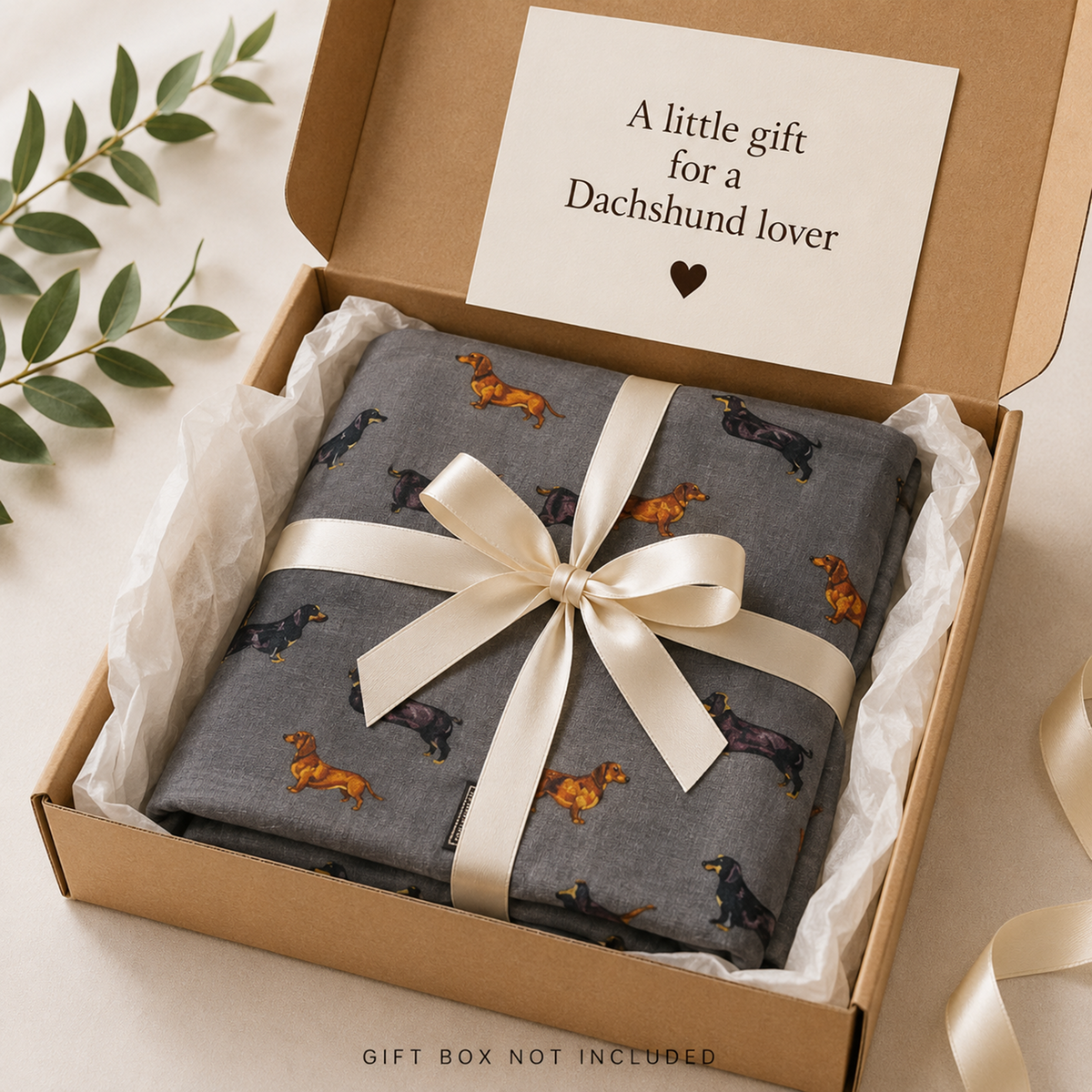 A folded grey scarf gift with a dachshund print, tied with a cream ribbon in a kraft gift box with tissue paper and a card that reads 'A little gift for a Dachshund lover'.