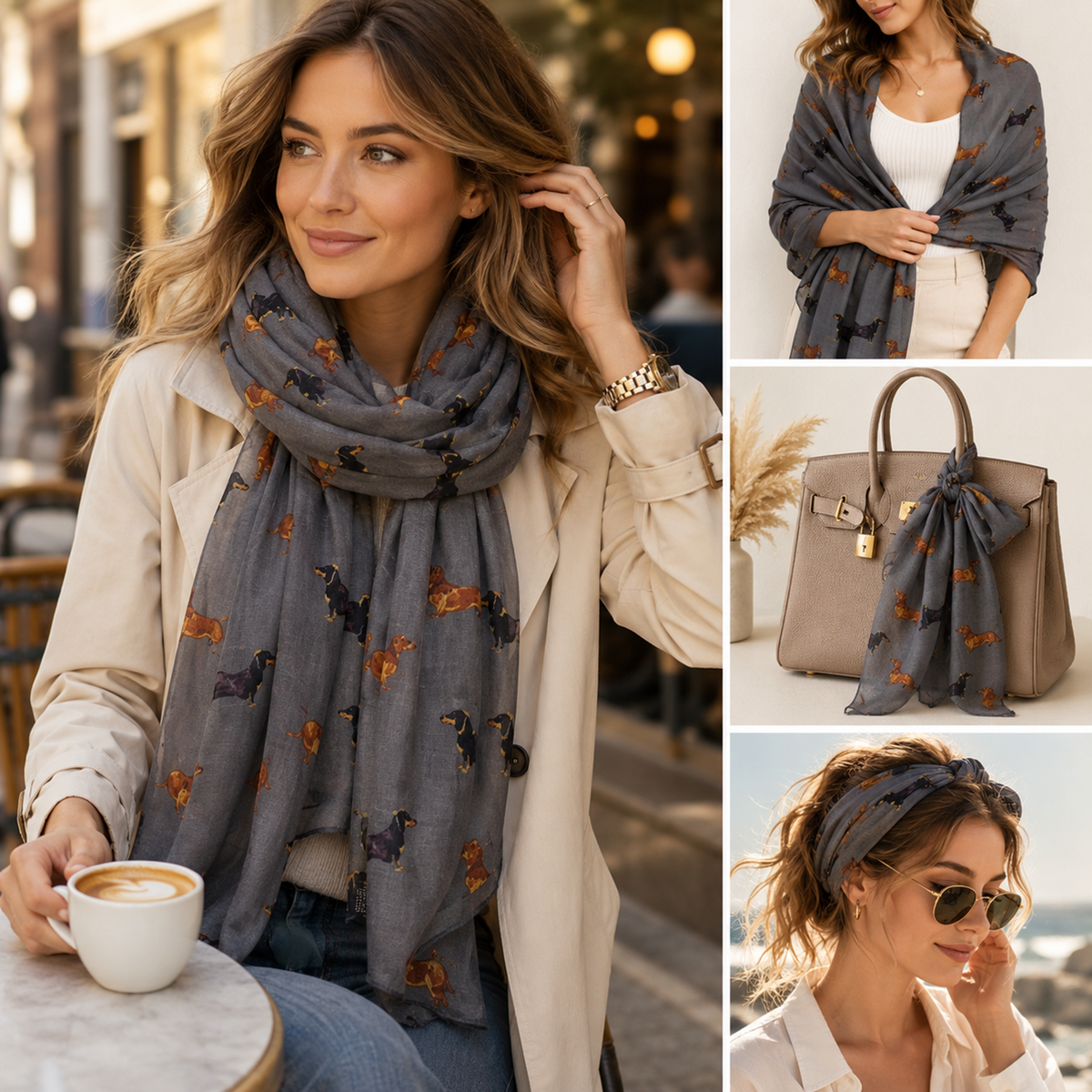 A collage showing a woman wearing a grey patterned scarf in an outdoor cafe setting, plus three smaller inset views of the scarf styled around a handbag, draped over her arm, and worn as a headband.